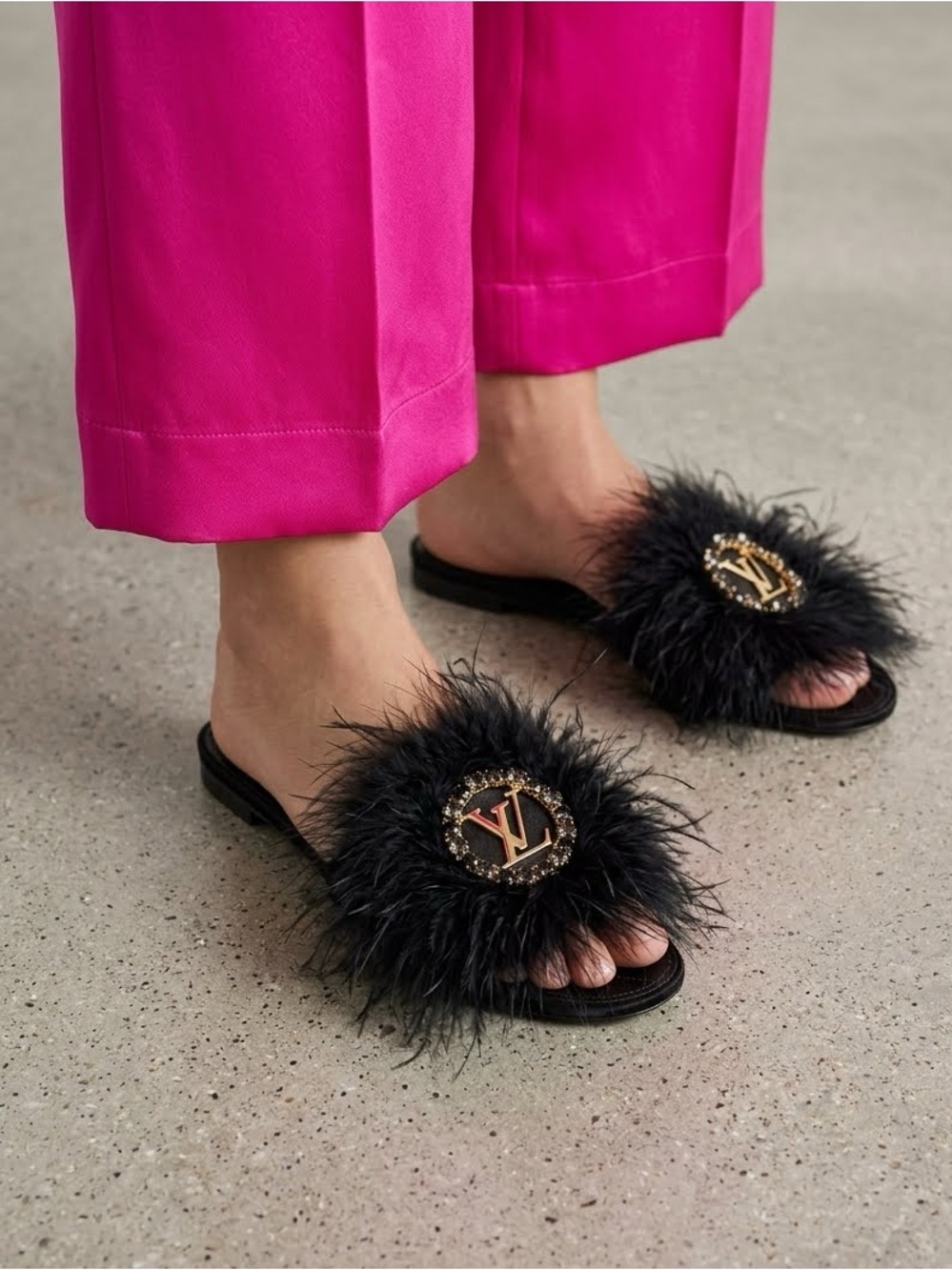Louis Vuitton Marilyn Black Feather Jewel Crystal Embellished Slide Mules EU 41